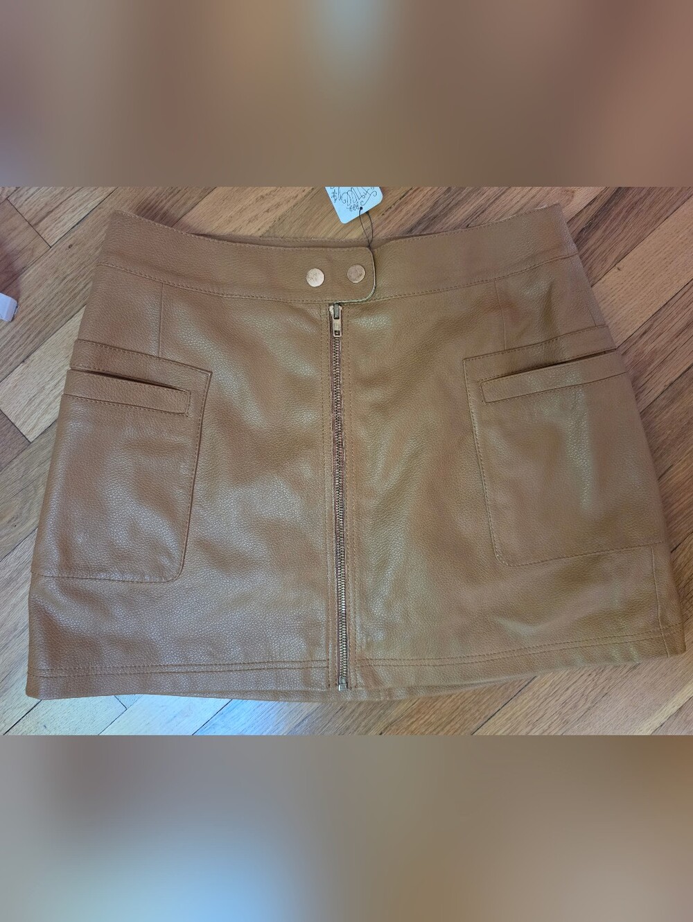 NWT Free People Camel Leather Front-Zip Mini Skirt - Picture 2 of 10